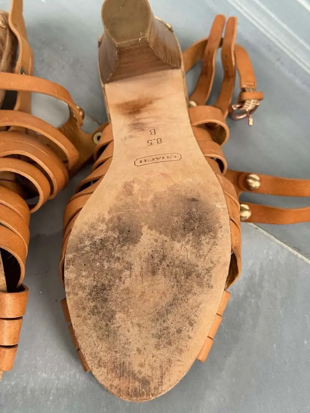 Coach Tan Woven Leather Strappy Cork Platform Sandals Size 8.5 - Picture 7 of 8